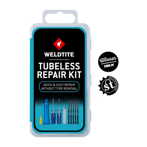 WELDTITE Kit de reparación de neumáticos Tubeless - Incluye Cuerdas de reparación, escofinas y Herramientas para Abrir y Cerrar, solución para Goma y Cuchillo