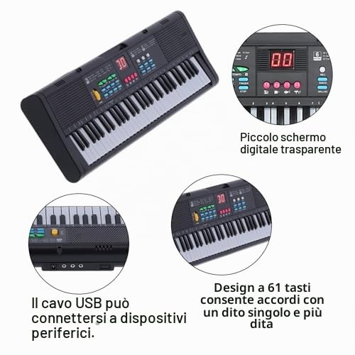 Tastiera Pianoforte 61 Tasti Tastiera Pianoforte Digitale con Microfono Cavo USB Doppi Altoparlanti per Bambini Principianti
