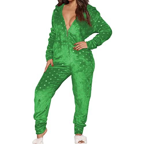 KMBANGI Christmas One Piece for Women Fleece Hooded Jumpsuit Zipper Romper Sexy One Piece Pajama Funny Holiday Sleepwear