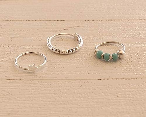 Set of 3 Tiny Sterling Silver Hoops, 10mm Diamond cut Small Hoop Earring, 8mm Turquoise beaded Tiny Hoop and 8mm Star Tiny Hoop for Nose Ring, Helix, Cartilage