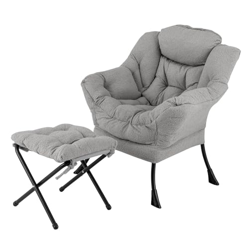 FANTASK Sillón con Taburete, sillón Relax con reposabrazos, Bolsillo Lateral y reposapiés, sillón de salón, Acolchado (Gris)