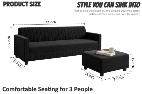 Image of Modern 3-Seater Velvet Sofa with Ottoman | Vertical Channel Tufted Backrest | Plush Cushioned Seating | Stylish Contemporary Sofa for Living Room, Bedroom & Office | Black