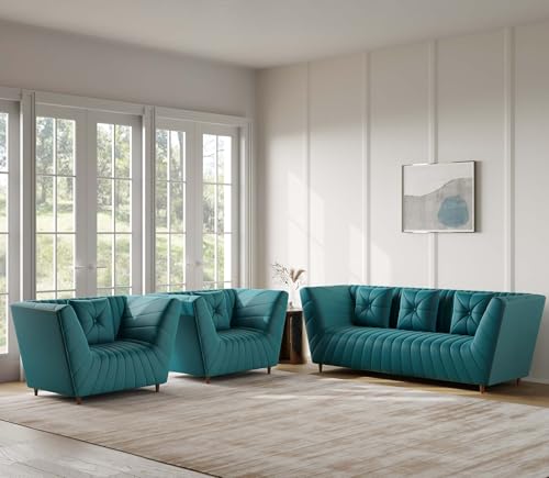 Image of Amazon Brand - Solimo Corell Tufted Velvet Fabric 3+1+1 Seater Sofa for Living Room Furniture (Teal)|3 Year Warranty