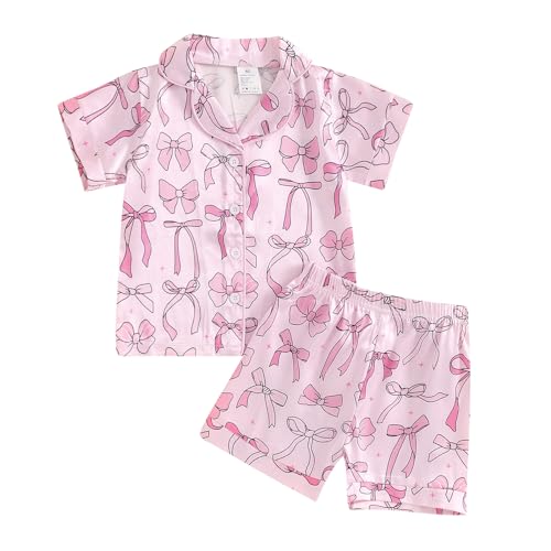 MAINESAKA Toddler Girls Pajamas Set Bow Print Short Sleeve Button Down Shirt Tops and Lounge Shorts Satin Silk Pjs Sleepwear