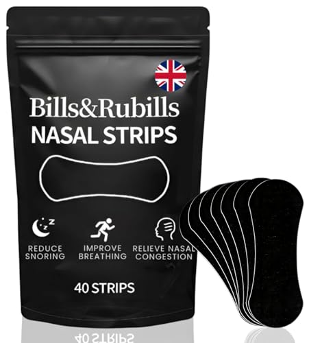 Bills&Rubils Nasal Strips (40 Count, Black) – Extra Strength Adhesive Nose & Snore Strips for Snoring Relief, Better Sleep & Athletic Breathing – Drug-Free & Oil-Resistant