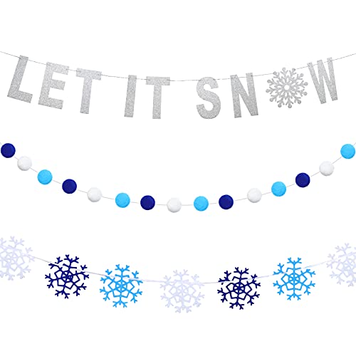 Image of Breling Silver Glitter Let It Snow Banner Winter Snowflake Garland Banner Wool Felt Ball Garland Pom Pom Garland for Christmas Holiday Party Decorations