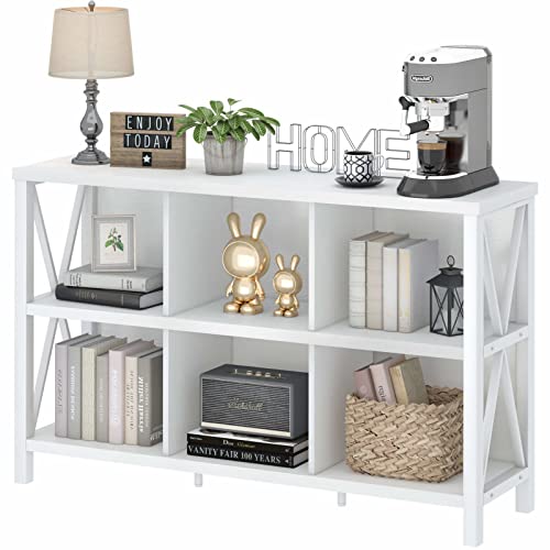Image of FATORRI 6 Cube Storage Organizer with Shelf, Long Wood and Metal Cubby Bookcase, Industrial Horizontal Bookshelf (White Oak, 47 Inch)