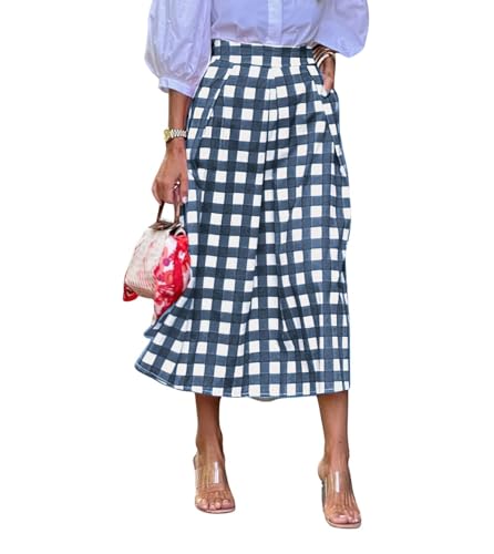 chouyatou Women's Vintage Plaid Checkered A Line Skirt Casual High Waisted Midi Long Skirt with Pockets