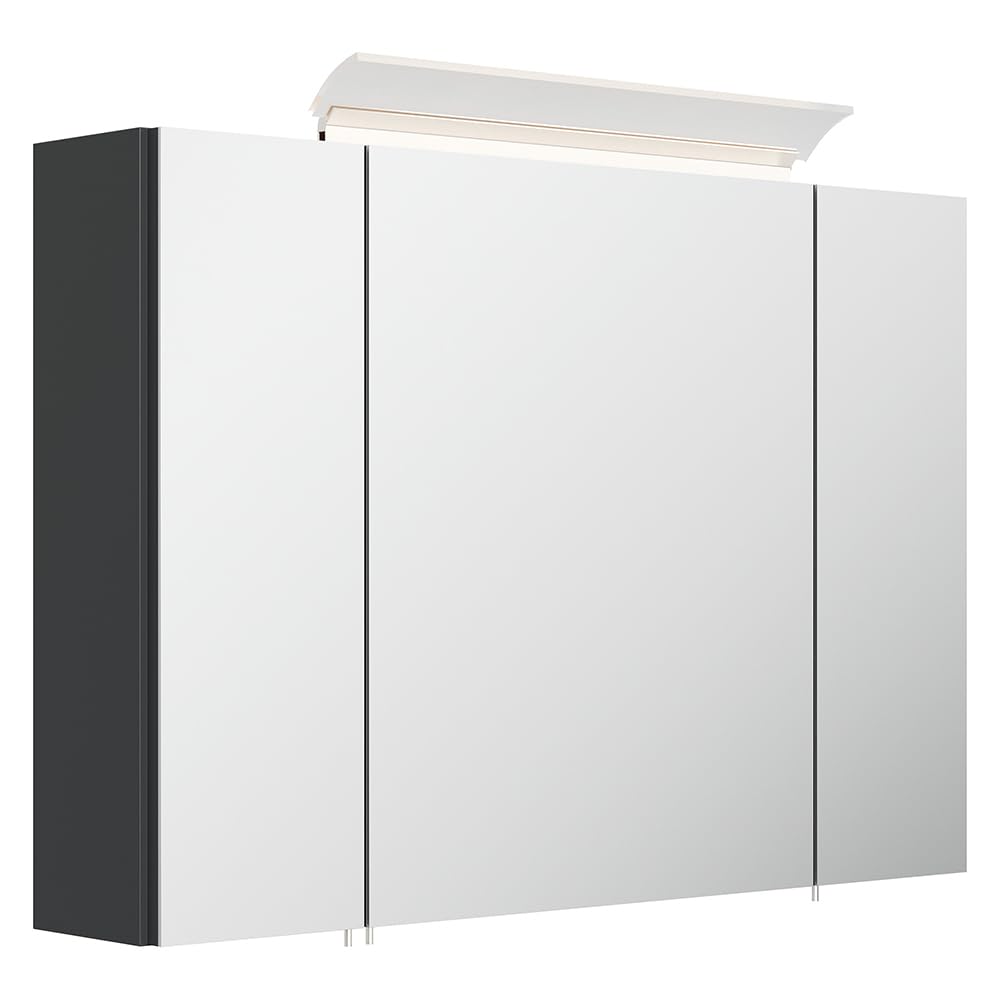 Lomadox Badezimmer Spiegelschrank 90cm, 3-türig, grau mit LED-Aufsatzleuchte, Glasböden, 3D-Funktion, Kombibox (Steckdose mit Schalter)