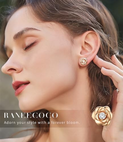 Gold Plated Sterling Silver Rose Flower Earring Studs, Hypoallergenic & Nickel Free Earrings for Women2