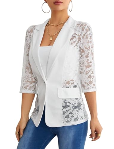 IDEALSANXUN Lace Blazer Jackets for Women Spring Summer Suit 3/4 Sleeve Casual Mesh Button Down Blazers