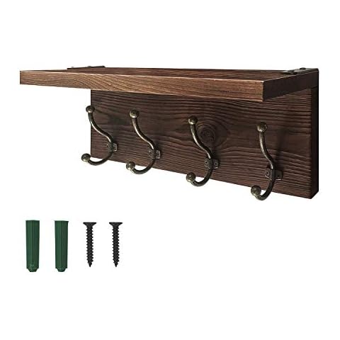 Rustic Coat Rack Wall Mounted, Solid Wooden Coat Hook Rack with Shelf Perfect Touch for Your Entryway, Mudroom, Kitchen, Bathroom and More (Brown) (16.34inch with Shelf) Cover