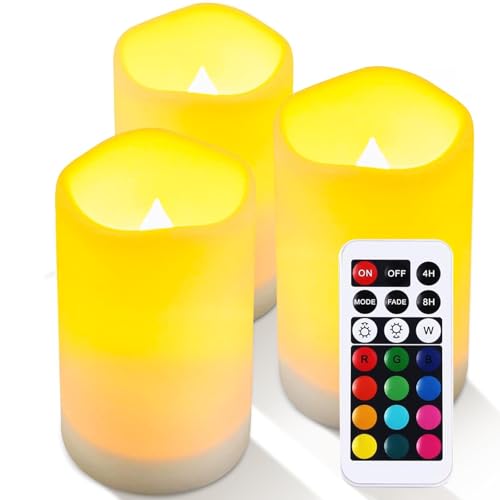 Image of LED Flickering Flameless Candles with Color Changing, Remote Control and Auto-Off Timer, 100 Hours Working Time, Battery-Operated.Multi-Color(Multi-Colored, 4(h)*2.5(d) in 3 Pack)