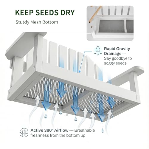 Solution4Patio White Swing Bird Feeder, Squirrel-Proof Metal Mesh Tray with Bench Design, High-Capacity Rust-Resistant Hanging Bird Feeder for Porch & Yard Décor – Easy Fill & Clean
