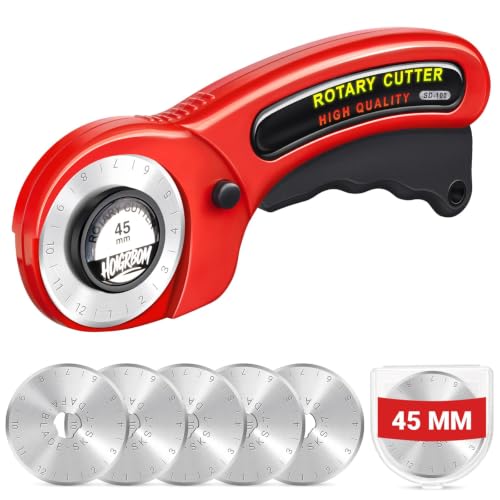 HOIGRBOM 45mm Fabric Rotary Cutter with 5 Extra Blades, Ergonomic Handle