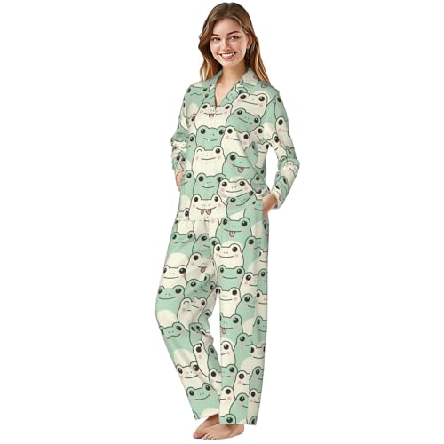 Image of Women'S Long Sleeve Pajama Set Soft Loungewear Button-Down Top & Elastic Waist Pants S- 2XL