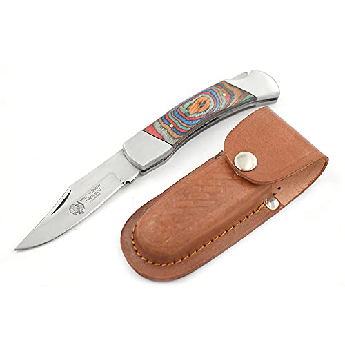 Wild Turkey Handmade Collection Everyday Carry Lock Back Manual Folding Knife W/Leather Sheath - Smooth One Hand Red Color Bone Handle Pocket Knife (Multi-Color Wood) #TOP18