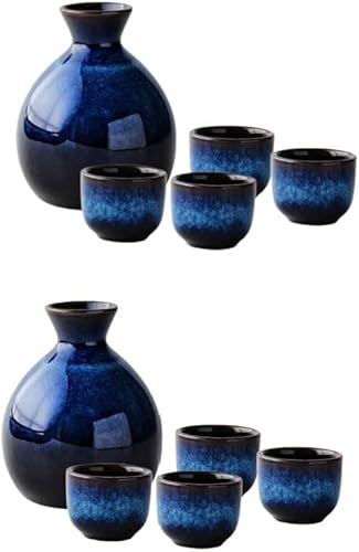 KryZaro日本酒器 2 セット(計 10 点) 陶器製 おちょこ 8 個 + 徳利 2 本 藍柄おしゃれデザイン 耐熱滑り止め 冷酒・温酒(熱燗)両用 家用・業務用 退職祝い・誕生日贈り物?