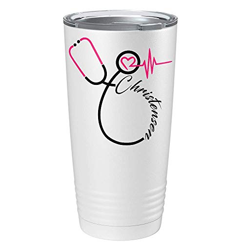 Personalized Nurse Pink Stethoscope on White 20 oz Stainless Steel Nurse Tumbler Gift