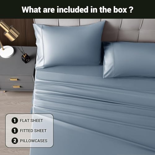 Image of Shilucheng 4 Piece Full Sheet Sets, Cooling Sheets, Blend Rayon Derived from Bamboo, Deep Pocket Up to 16 inch, Breathable & Soft Bed Sheets, Hotel Silky Bedding Set, French Blue