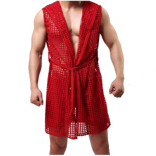 Mens Sexy Hooded Sleeveless Robes Bathrobes Mesh See Through Lingerie Sleepwear Fishnet Robe Pajamas with Belt