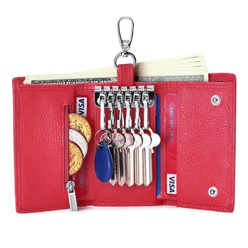 Genuine Leather Key Case Wallet with 6 Hooks & Snap Closure Key Organizer (Rose Red)4