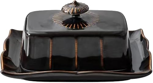Mantequera de cerámica vintage con tapa para encimera de cocina, decoración del hogar, color negro, 1 unidad