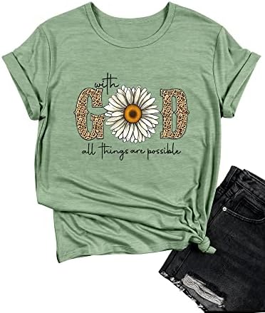 OUNAR with God All Things are Possible Flower Tshirt Faith Sayings Daisy Leopard Print Short Sleeve Casual Tee Shirt Tops