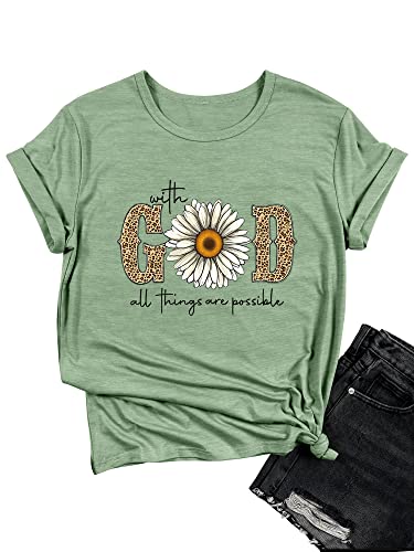 Ounar With God All Things Are Possible Flower Tshirt Faith Sayings Daisy Leopard Print Short Sleeve Casual Tee Shirt Tops #TOP3