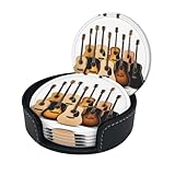 Juego de 6 posavasos de cuero con estampado de guitarra con caja de piel sintética, resistentes al calor, para mesa de cristal, oficina en casa