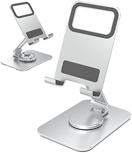Teskyer Phone Stand, Adjustable Phone Holder Stand, Foldable Aluminum Mobile Phone Stand for Desk, Compatible with Phones and Tablets, Silver