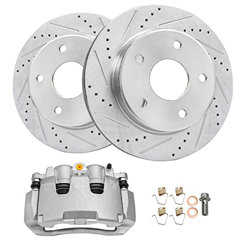 Image of Detroit Axle - Front Brake Kit for 2005-2008 Dodge Dakota 2006-2009 Mitsubishi Raider Drilled & Slotted Brake Rotors Disc Brakes Caliper w /Bracket 2007 Replacement