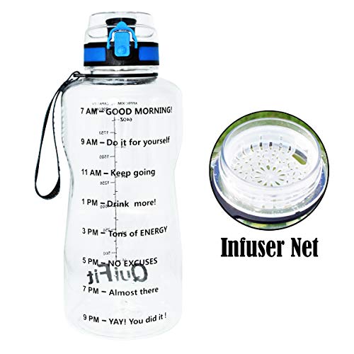 QuiFit Water Bottle with Strainer and Time Marker,2L/1.3L/450ML Large Capacity Fruit Infuser Travel Bottle Outdoors Tritan Sport Water Jug,Non-Toxic BPA Free(Transparent, 1.3 Liter)