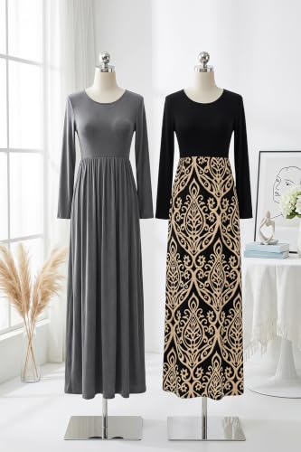 Image of AUSELILY Womens Long Sleeve Maxi Dress Casual Empire Waist with Pockets