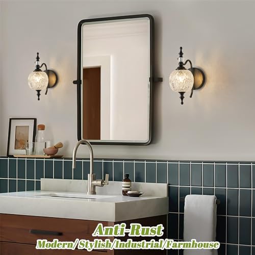 Image of Black 1-Light Wall Light Fixtures with Crystal Glass Shade Vintage Bathroom Wall Sconces Retro Bathroom Vanity Light Fixtures for Bedroom Living Room Farmhouse