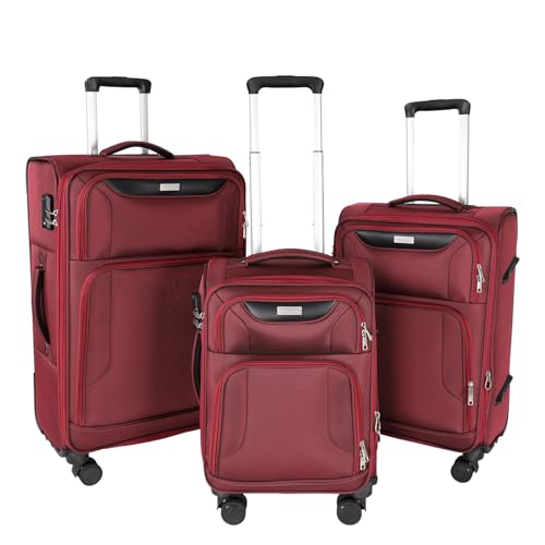 3-Piece Softside Expandable Luggage Set with Front Open Pocket, Lightweight and Durable Oxford Fabric Suitcase Set with TSA Lock (Burgundy Wine Red, 20in/24in/28in)