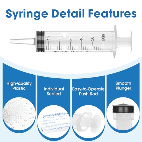 Image of 60mL Plastic Syringe for Liquid - 50 Pack Large Syringes with Adapter | Individually Wrapped for Scientific Labs, Feeding, Oil Filling