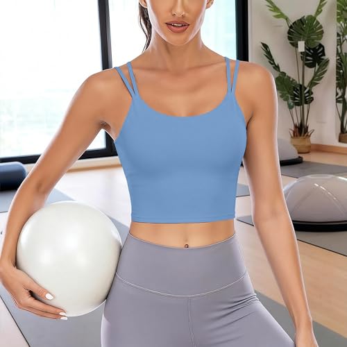 Vorcy Womens Padded Sports Bra Fitness Workout Running Camisole Crop Top with Built in Bra Blue