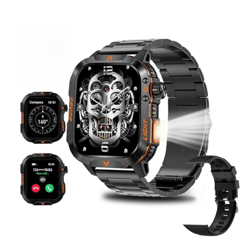 QTLLBT Military Smart Watch for Men (Stainless steel), 2.01" HD Bluetooth Call Rugged Watch with Compass Barometer LED Flashlight, 100+ Sports Modes IP68 Waterproof Business Tactical Watch Android iOS