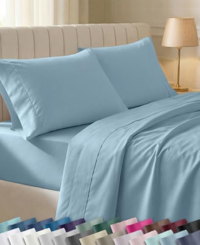California Design Den 100% Cotton Sateen Bed Sheets Queen Size, Sky Blue