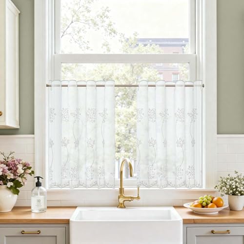 TOPICK Lot de 2 rideaux brise-bise pour cuisine, salon, moderne, rideaux courts pour fenêtre de cuisine, style maison de campagne, 90 x 60 cm, blanc