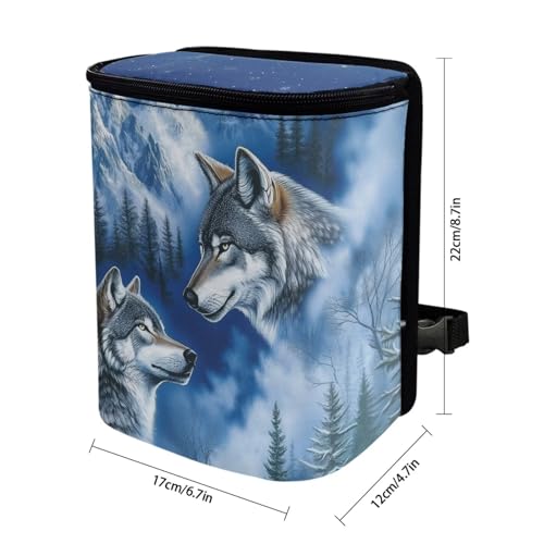 Image of Talayituse Wolf Mountain Print Car Trash Can with Lid, Leak Proof Auto Trash Bag Hanging Vehicle Garbage Can Multipurpose Storage Container for Back Seat Road Trip