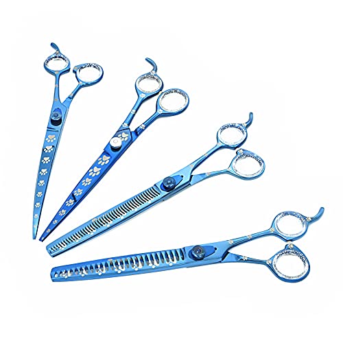 Professional Dog Grooming Scissors Set of Straight, Curved, Thinner/Blender and Chunker Shears with Paw Prints for Dogs, Cats & Pets (Right Handed, Blue, Stainless Steel 8 Inch)