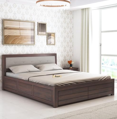 Image of Ganpati Arts Sheesham Wood Euro King Size Bed with Box Storage for Bedroom | Wooden Double Bed Cot Palang Furniture for Living Room, Home and Hotel (Walnut Finish)
