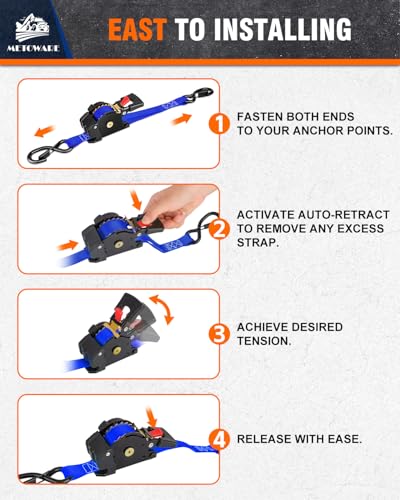 Image of METOWARE Retractable Ratchet Straps (4-Pack) - 1 in x 10 Ft (1500lb Break Strength) - Heavy Duty Auto Self Retracting Tie Down Straps for Truck, Trailer, Cargo Van, Motorcycle - Blue