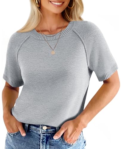 Cicy Bell Womens Short Sleeve Sweater Casual Loose Fit Crewneck Tops Fall Dressy Pullovers Shirts Grey
