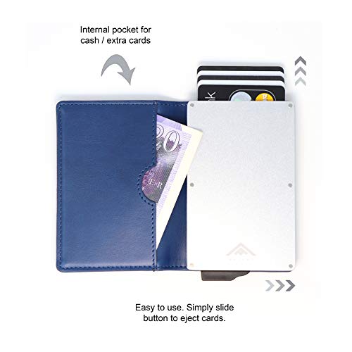 Stealth Wallet RFID Card Holder Wallet - Smart Minimalist NFC Blocking Pop Up Wallets with Gift Box - Slim, Compact, Lightweight Metal Credit Cards Holder (Silver Aluminum with Blue Leather)3