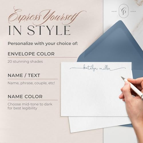 Image of Curio Press Personalized Stationery for Women & Men - A2 Flat Thank You Cards with Custom Notecards, Handmade Personalized Note Cards with Envelopes and Name, Custom Stationery - Swash Script Flat