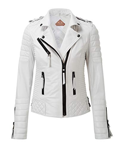 SKINOUTFIT Women's Stylish CafÃ© Racer Genuine Lambskin Motorcycle Biker Leather Jacket XXXL White