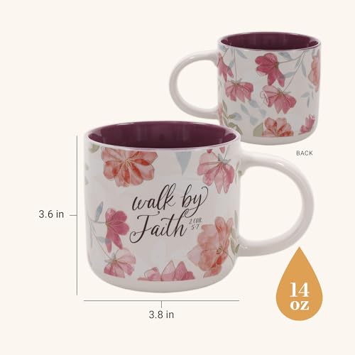 Image of Christian Art Gifts Inspirational Scripture Ceramic Coffee & Tea Mug for Women: Walk by Faith Encouraging Bible Verse, Shiny Foil Accents, Sturdy Handle, White & Pink Multicolor Floral, 14 oz.